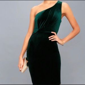 NEW Lulus Candlelit Date Forest Green Velvet One Shoulder Bodycon Dress
